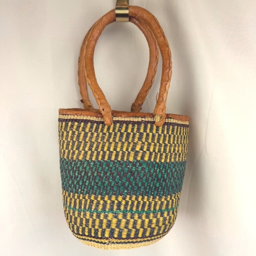 Vintage Handwoven African Bolga Market Bucket Bag Tote Boho Festival Resort